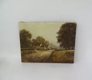 Vintage Oleograph On Canvas English Country Landscape Cottages Church 16” X 12” - Picture 1 of 9