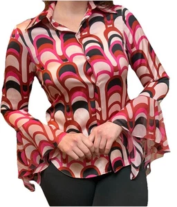 NWOT Zara Retro Ruffle Flare Sleeve Button Up Top Sz M 70s Mod Geometric - Picture 1 of 6