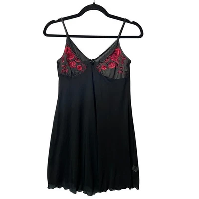 Paltal Black Babydoll Lingerie Mini Dress Red Floral Embroidery Size M Chemise - Image 1 of 4
