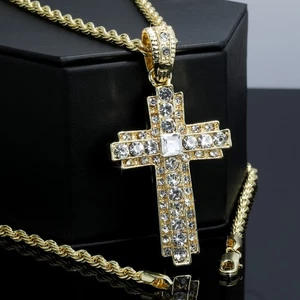 Iced Cross Macedonia Pendant Cubic Zirconia 14k Gold Plated Rope Chain For Men's - Picture 1 of 12
