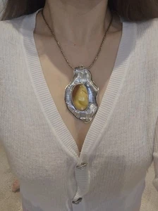 BALTIC AMBER Stone Pendant. Egg Yolk Amber Stone PENDANT with Sterling Silver - Picture 1 of 7