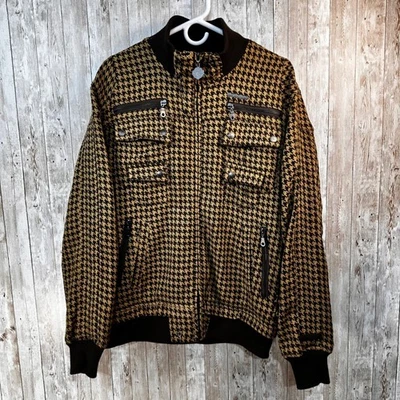 Live Mechanics Womens Brown Tan Houndstooth Wool Blend Bomber Jacket L - Image 1 of 4