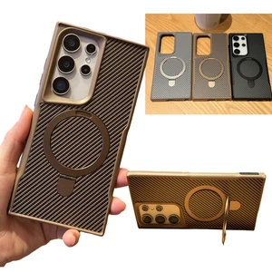 For Samsung Galaxy S23 S24 S25 Ultra Carbon Fiber Texture Magnetic Case W/ Stand - Picture 1 of 22