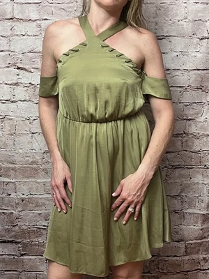 Guess Y2K Off-shoulder Halter Military Knee-length Short Dress XS Green Pockets - Image 1 of 4
