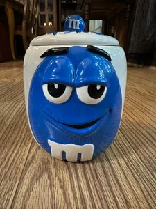M&M's Ceramic Candy Cookie Jar with Lid Canister Blue Galerie 2003 SOME CRAZING - Picture 1 of 6