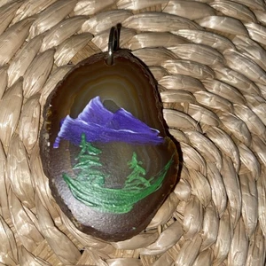 Vintage Agate Slab Oval Pendant with Hand Painted Landscape Mountain Scene EUC - Picture 1 of 10