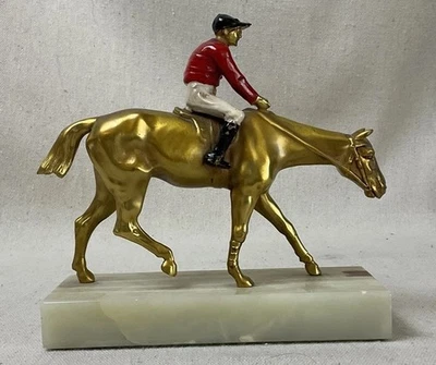 Vintage Brass Racing Horse And Jockey with Marble Stand - Bookend, Statue - Image 1 of 4