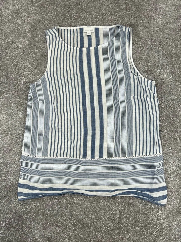Camisa sin mangas J.Jill para mujer pequeña azul blanco lino Foto 1 de 4