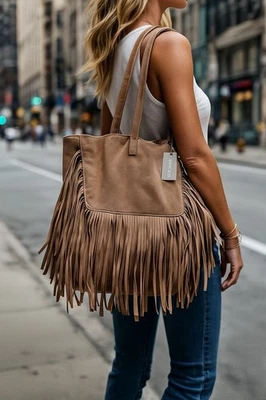 Nuevo con etiquetas Bolso de Mano Chico's Gamuza Coñac Flecos Estilo Boho Occidental 100% Cuero Foto 1 de 4