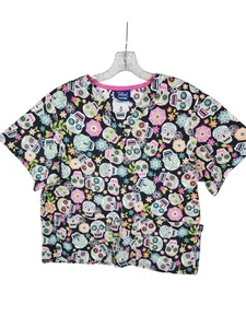 Tafford Stretch Sugar Skull Scrub Top Womens V Neck Size 2x Patterned Nurse - Picture 1 of 8