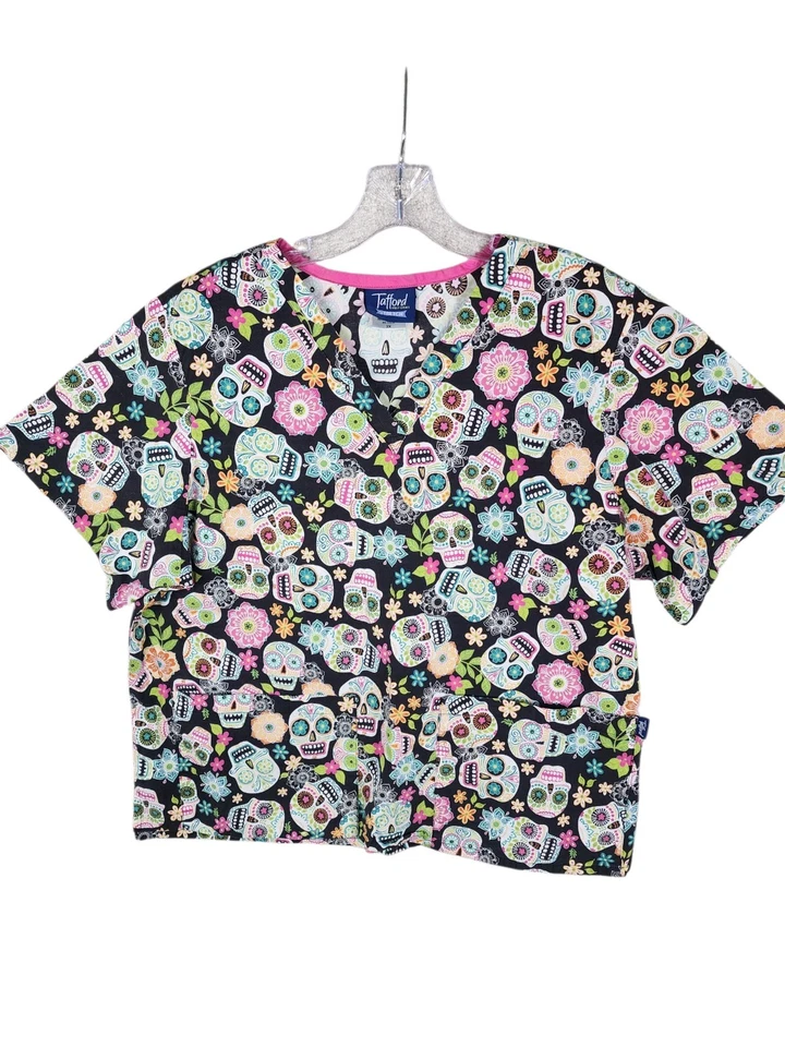 Tafford Stretch Sugar Skull Scrub Top Womens V Neck Size 2x Patterned Nurse - Image 1 of 4