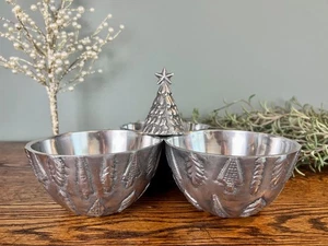 Crate & Barrel Silver Christmas Tree Snack Tray 3 Section Aluminum Serving Bowl - Picture 1 of 9