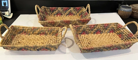 Vtg Art Deco Retro BOHO green pink natural grass wicker handmade 3 tray baskets Cover