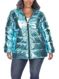 White Mark Metallic Puffer Coat With Hoodie Women's 3XL Mint Side Slip Pockets - Picture 1 of 13