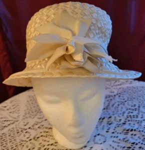 Vintage Gage Women's White Straw Ribbon Bow Bucket Hat - Picture 1 of 9