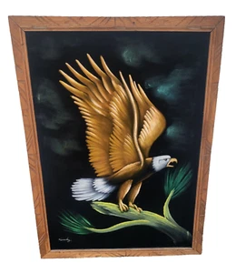 Vintage Black Velvet Painting Bald Eagle – Patriotic Americana 39"x28" Signed - Picture 1 of 17