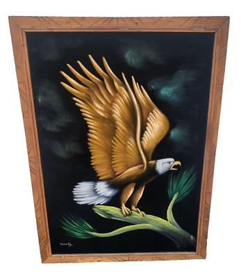 Pintura Terciopelo Negro Vintage Águila Calva - Patriótica Americana 39"x28" Firmada Foto 1 de 4
