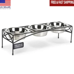 Triple Bowl Pet Feeder Stand Dogs Cats Elevated Wrought Iron 3 Stainless Bowls - Picture 1 of 6