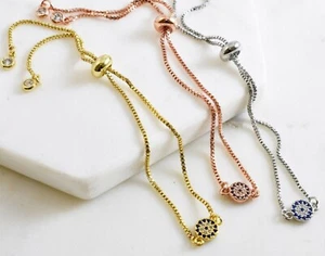 Evil Eye Brass Silver Rose Gold Greek Turkish Adjustable Box Chain Bracelet - Picture 1 of 7