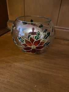 Sphere shaped Ball Candy Jar Cotton Ball Vanity Jar Poinsettia theme - Picture 1 of 7