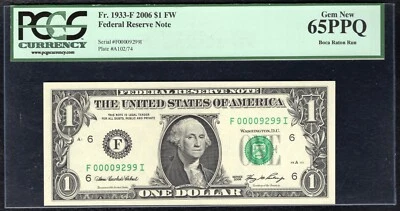 FR. 1933-F 2006 $1 FW FRN ATLANTA, GA “LOW SERIAL #9299” PCGS GEM UNC-65PPQ - Image 1 of 2