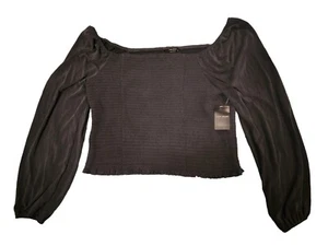 NEW Lucky Brand Gray Smocked Crop Top Peasant Blouse XL Balloon Sleeve NWT - Picture 1 of 9