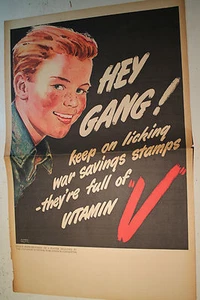 RARE ORIGINAL OLD WWII POSTER HEY GANG KEEP ON LICKING SAVINGS STAMPS VITAMIN V - Picture 1 of 2