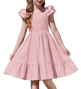 Girls Light Pink Dresses Square Neck Ruffle Sleeve with Pockets Birthday Vale... - Picture 1 of 6