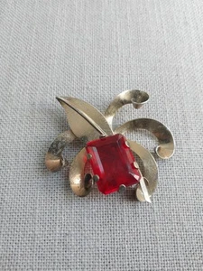40er Jahre große Sterling Brosche mit rotem Glas Cabochon zum Reparieren oder Teilen! - Bild 1 von 10