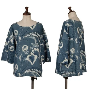 45rpm 45R Cotton Indigo Dyed Botanical Print 3/4 Sleeve Top(K-163877) - Picture 1 of 12