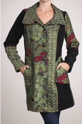 Neslay Paris Women Sz S Jacquard Long Blazer Jacket Black Green Floral Fairy - Image 1 of 4