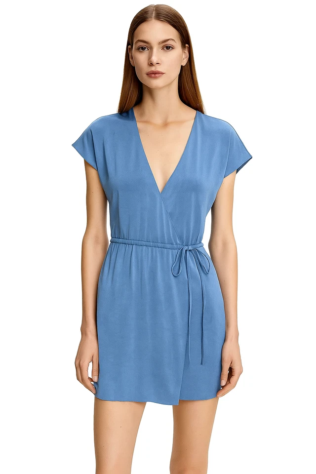 Theory Women's Blue Crushed-Satin Wrap-Tie V-Neck Romper Jumpsuit Size M