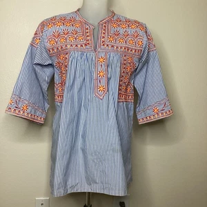Mi Golondrina Blue Striped Tunic Orange Embroidery 3/4 Sleeves XS - Picture 1 of 10