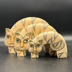 Vintage Hand Carved Wood Cat Sculpture Set of 3 Stylized Figurines Folk Art Deco - Picture 1 of 5