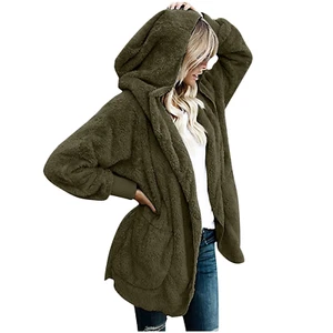 Women Hooded Cardigan Fuzzy Fleece Warm Jacket Winter Open Front Coat Outwear wi - Picture 1 of 12
