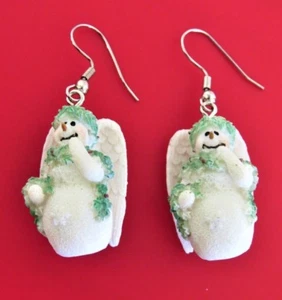 Snowman Angel with Wings Piercing Drop Dangle Resin Earrings 1.25" vintage - Picture 1 of 3
