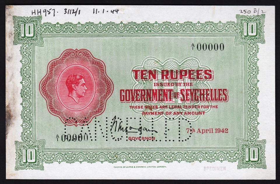Seychelles 10 rupias 1942, PRUEBA DE MUESTRAS, AU UNC, P-9sp, A1 00000, King George Foto 1 de 4