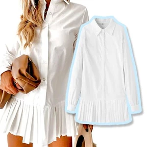 Mazik White Collar Long Sleeve Button Up Shirt Pleated Midi Dress Medium  - Picture 1 of 6