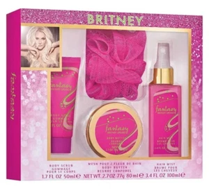 Britney Spears Fantasy Hair Mist, Body Butter, Body Scrub, Mesh Pouf Set Of 4NEW - Picture 1 of 3