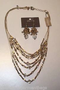 Chico's Sold Out Gavia Gold Multi Strand Ilusion Neckace & Cluster Earrings Set - Picture 1 of 1