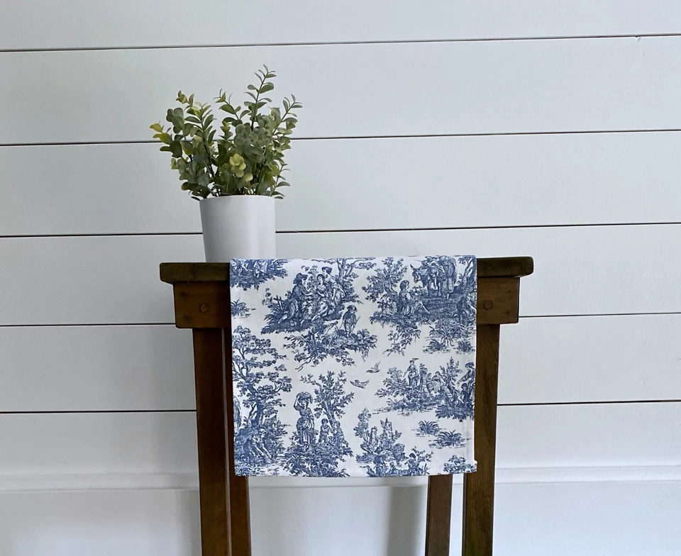 Dark Blue Toile Table Runner Colonial French Home Decor Vintage Dining Linens - Image 1 of 4