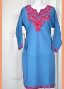 Red Embroidered Blue Color Long Cotton Tunic Top Kurti from India!! - Picture 1 of 5