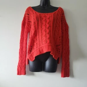 Free People Chunky Open Knit Pullover Sweater Orange Crop Wool Mohair Small - Picture 1 of 12