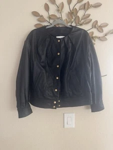 Le' AL.X Leather Ruched Crew Neck Long Sleeve Button Front Bomber Jacket Size M - Picture 1 of 4