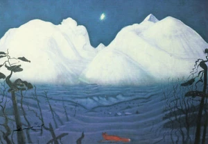 Doppia cartolina: Harald Sohlberg - Notte d'inverno in montagna / Fuchs / 1918 - Foto 1 di 1