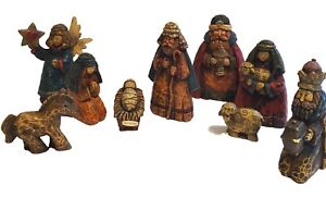 9 Piece Nativity 3.5" Figurines Roman Inc Parable 2002 Primitive Art Resin Folk 