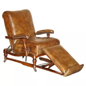 FULLY ADJUSTABLE RESTORED ANTIQUE VICTORIAN BROWN LEATHER METAMORPHIC ARMCHAIR - Picture 1 of 24
