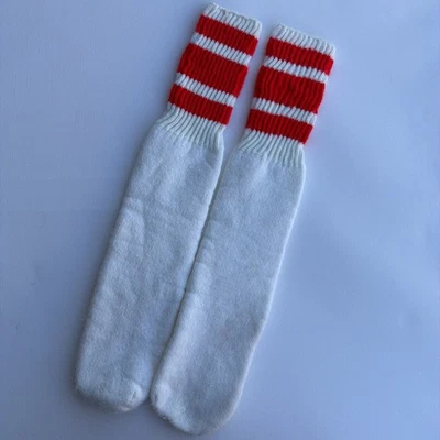 Calcetines Tubo De Colección 9-11 16" Años 80 NOS EE. UU. Acrílico Blanco Rojo Rayas Gruesas Foto 1 de 4