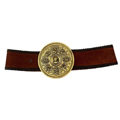 Unique Vintage Brown Suede-like Belt Gold Medallion Buckle Statement Piece - Image 1 of 4