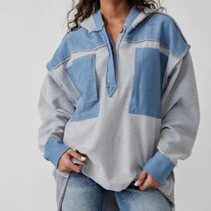 Felpa Corie nuova $128 Free People blu pile oversize a costine con cappuccio piccola - Foto 1 di 8